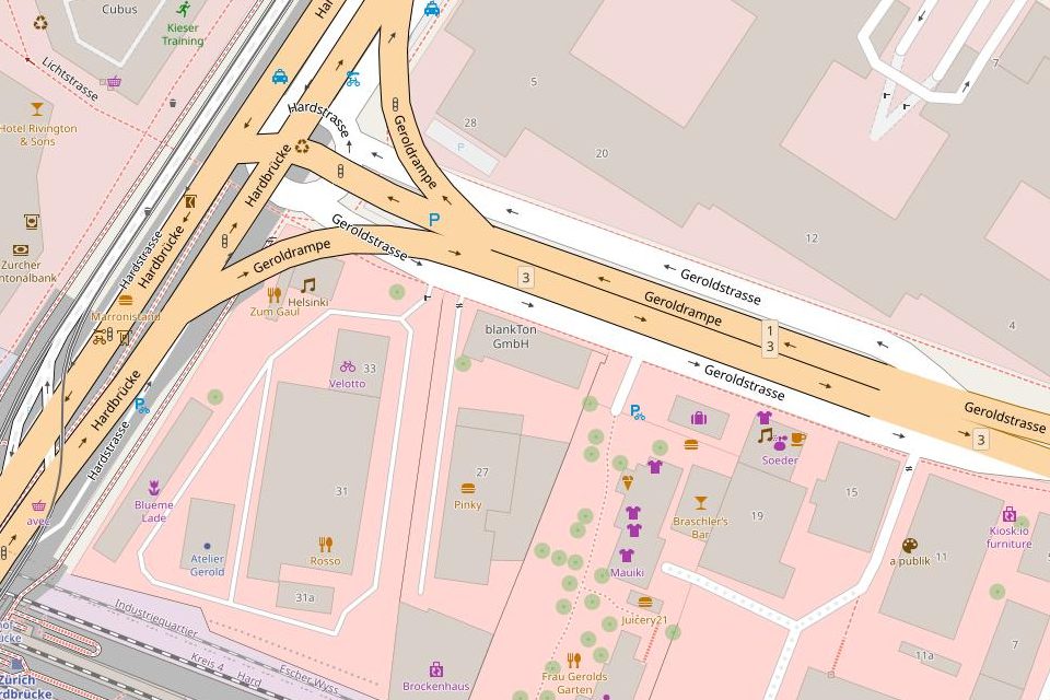 Kartenausschnitt mit dem Standort Geroldstrasse 25, 8005 Zürich